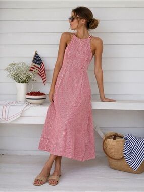 Zara Red White Striped Lace-Up Back Midi Dress Size Small Coastal Cottagecore